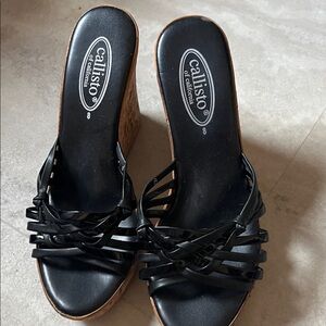 Callisto Black Strappy Wedge Sandals
